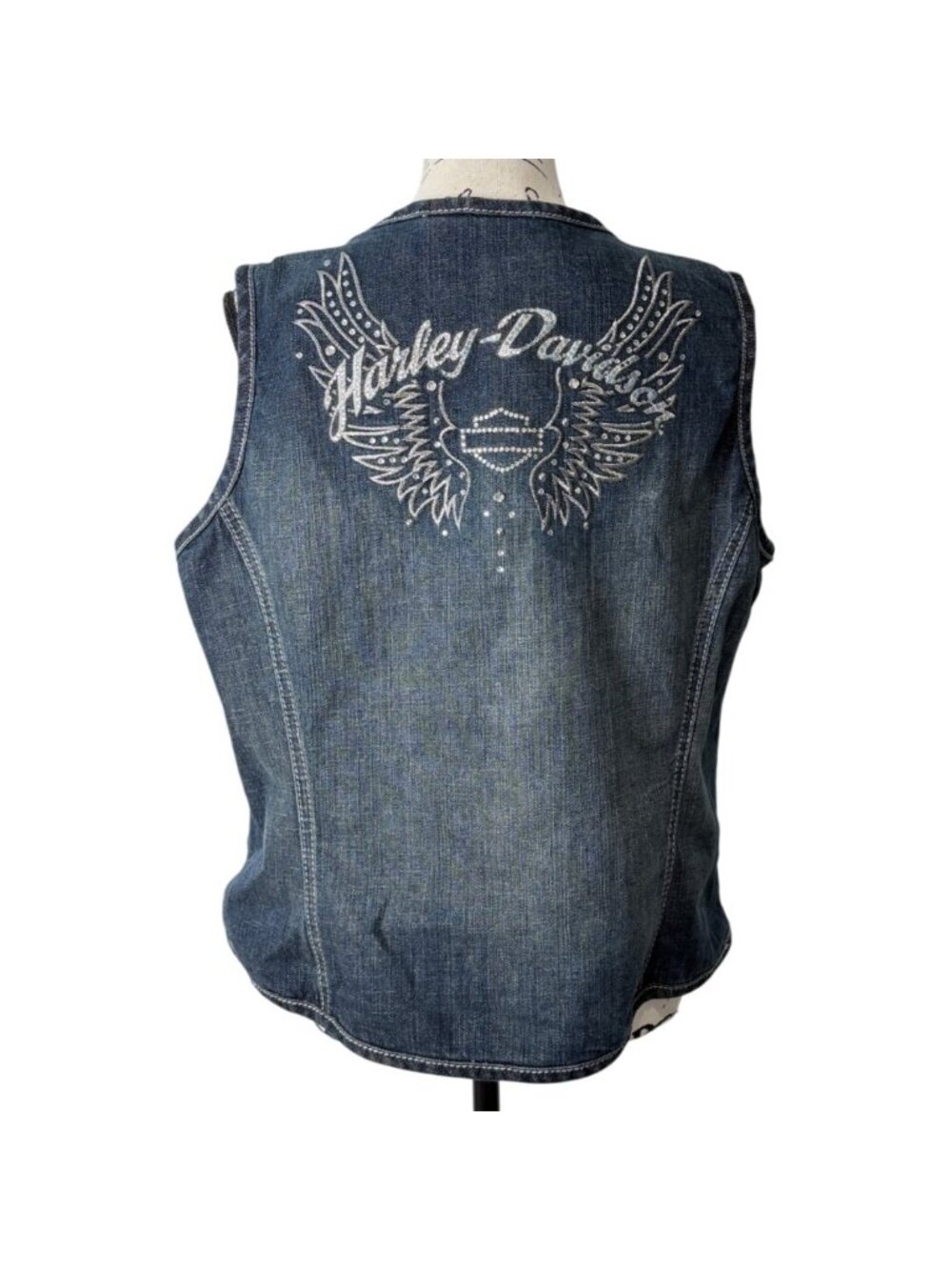 Harley Davidson Womens Size 1W Denim Vest Embroidered Wings & Logo Zip-Closure